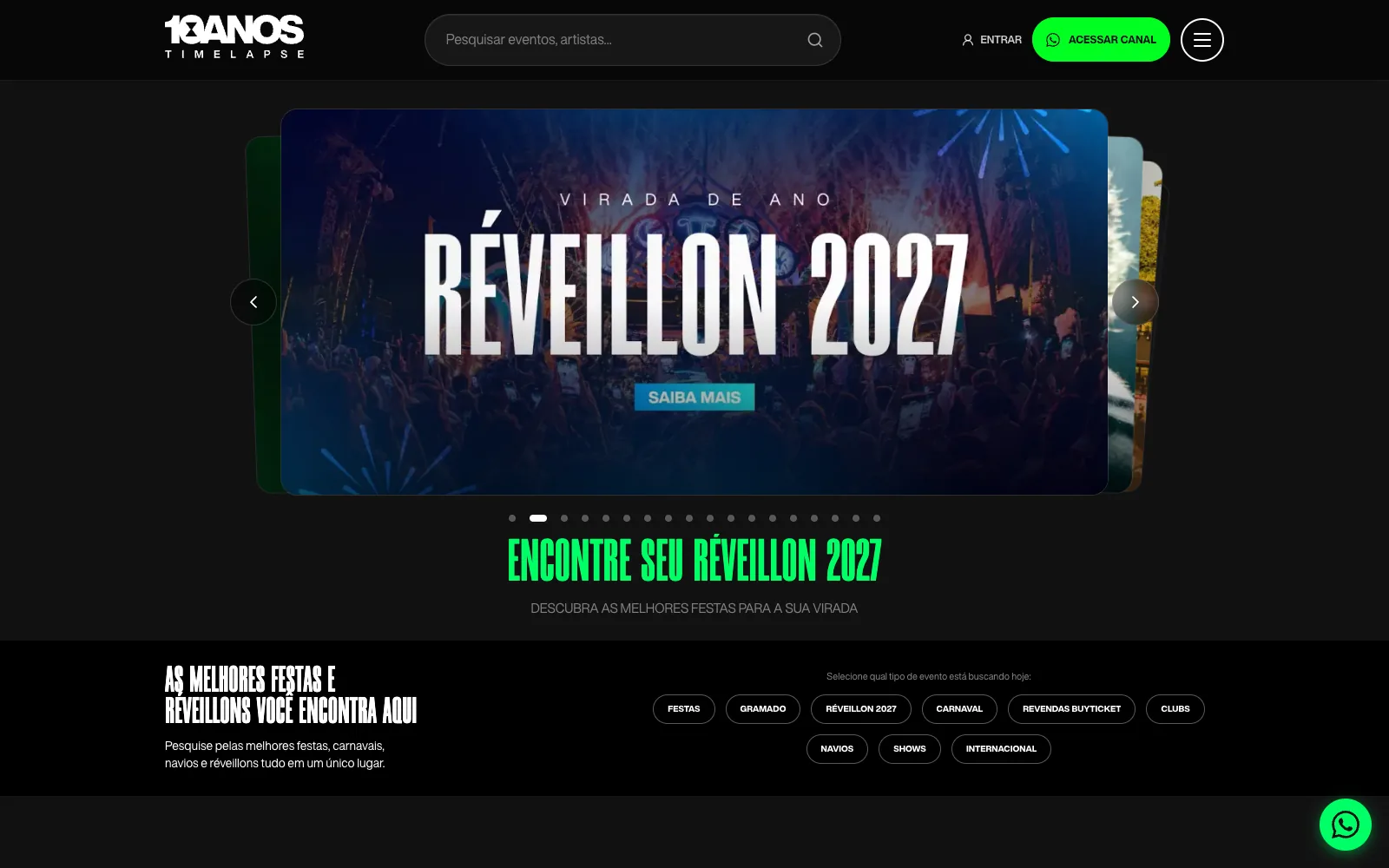 Home do Timelapse com banner de Réveillon 2027 e atalhos por tipo de evento