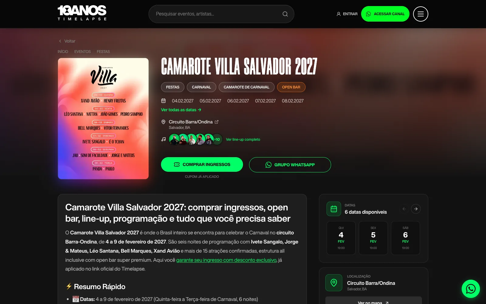Página do evento Camarote Villa Salvador 2027 no Timelapse com datas, local, atrações e botão de compra com cupom aplicado