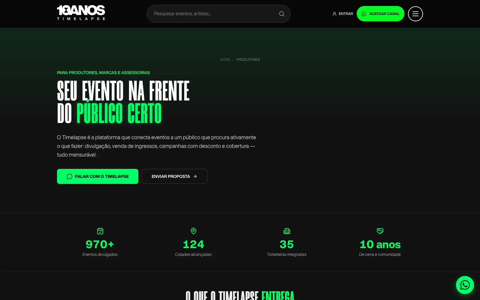 Página para produtores do Timelapse com os números de eventos divulgados, cidades e ticketeiras