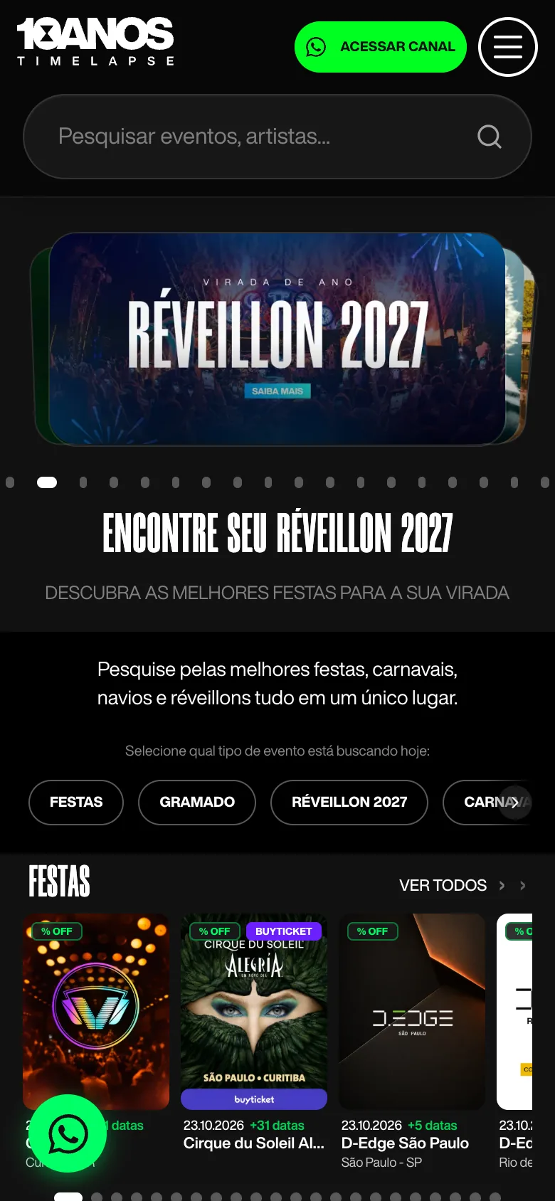 Home do Timelapse no celular com banner de Réveillon 2027 e atalhos por tipo de evento