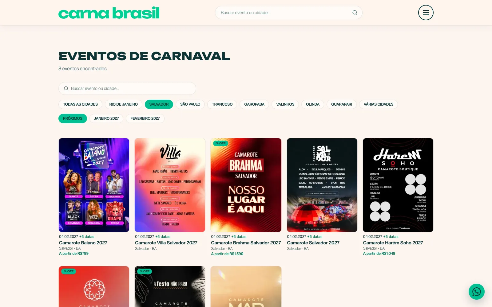 Lista de eventos do Carna Brasil filtrada pela cidade de Salvador, com filtros de cidade e mês