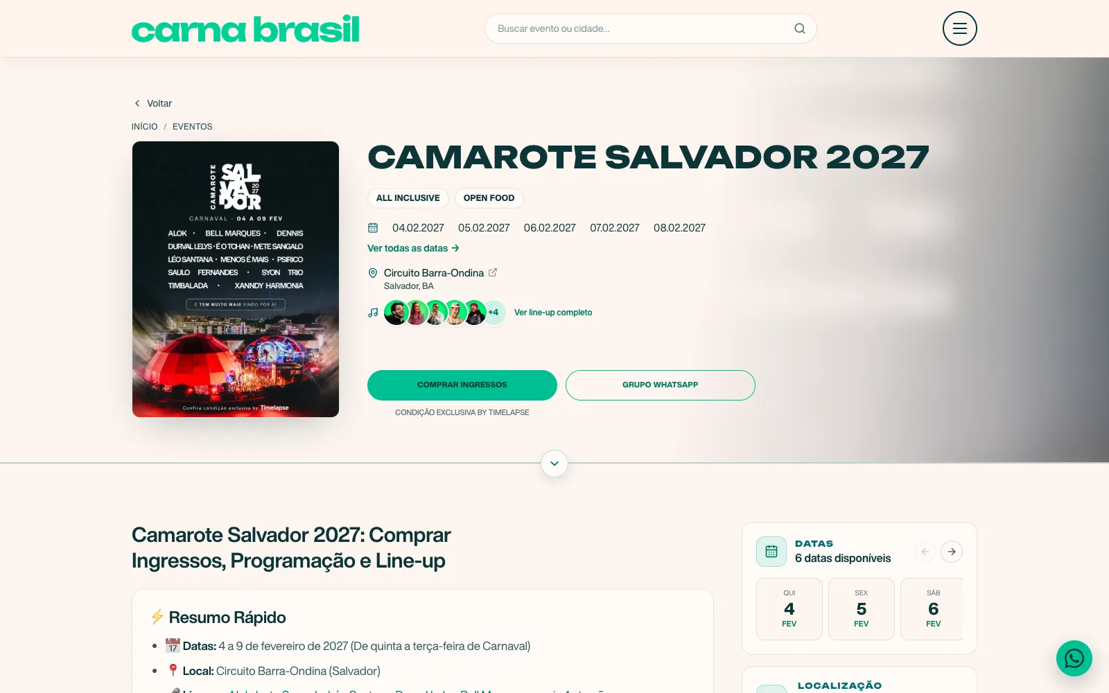 Página do Camarote Salvador 2027 no Carna Brasil com datas, local, atrações e botão de compra