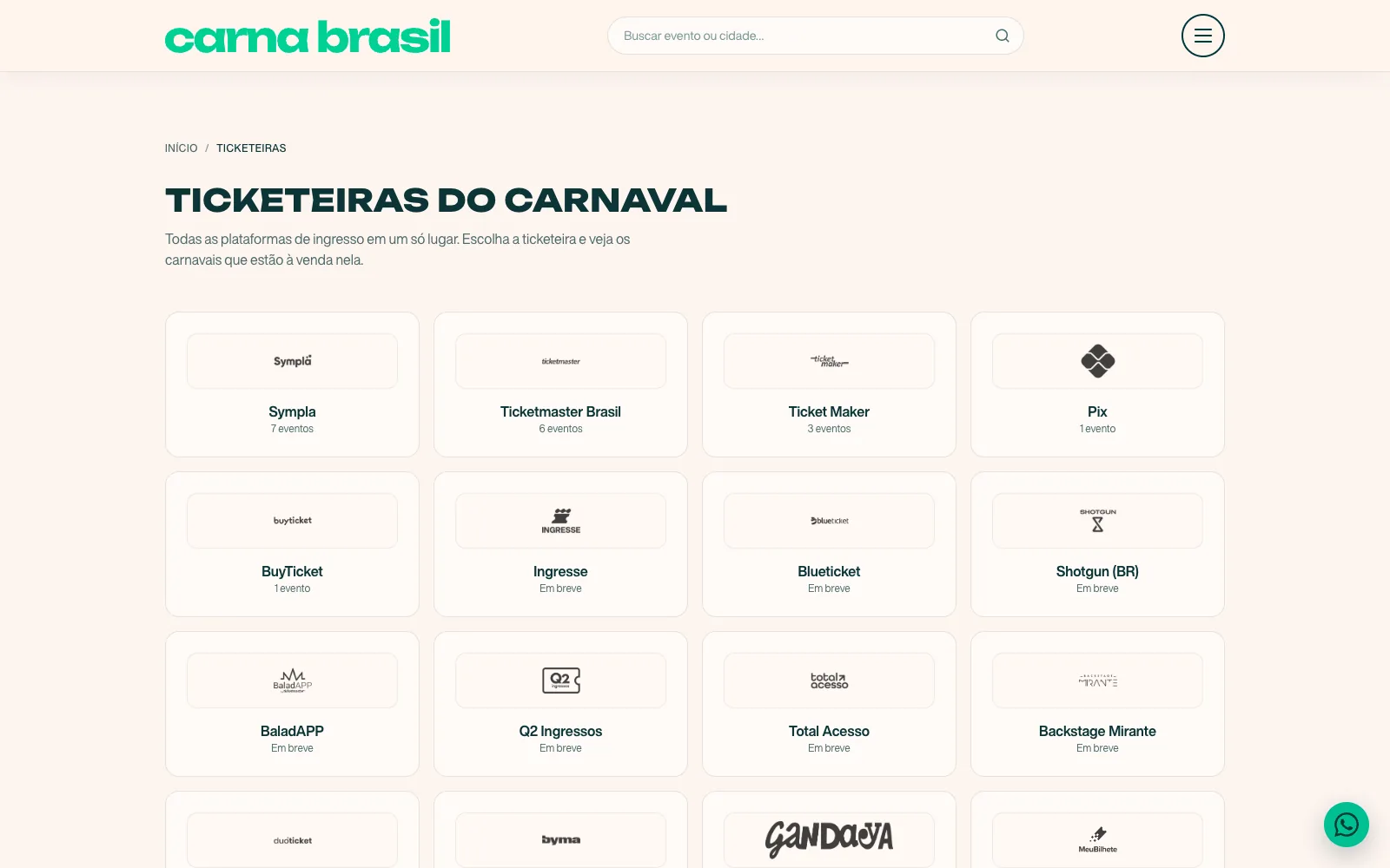 Página de ticketeiras do carnaval com Sympla, Ticketmaster e outras plataformas