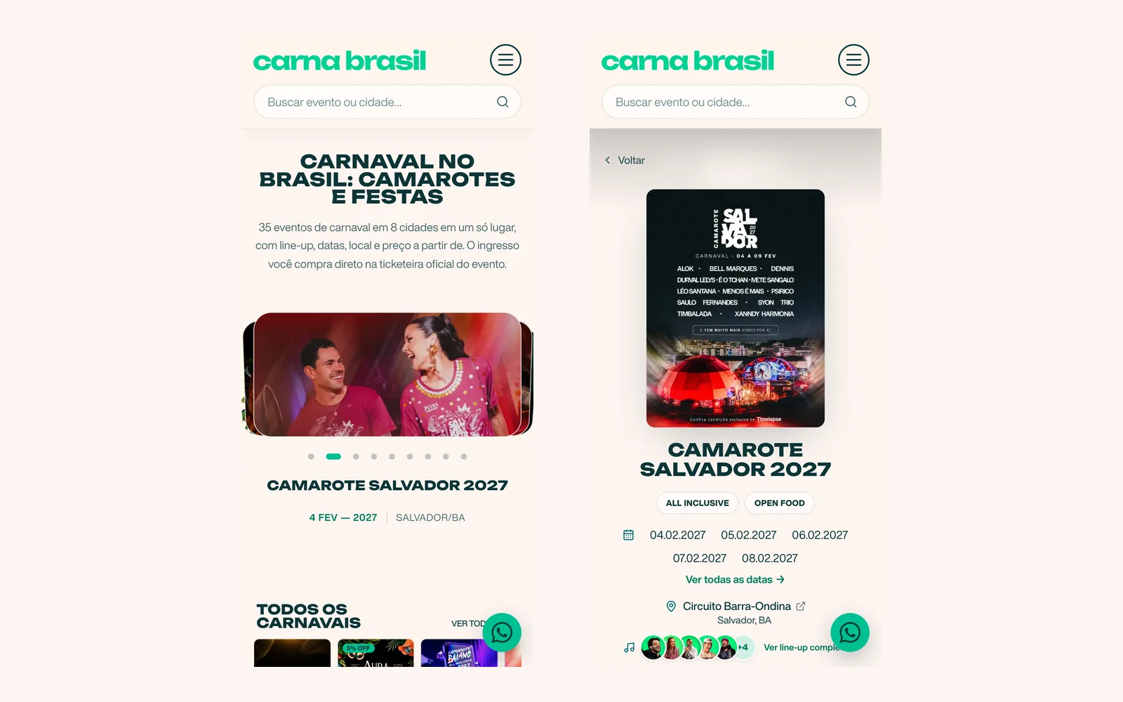 Home e página de evento do Carna Brasil na tela do celular