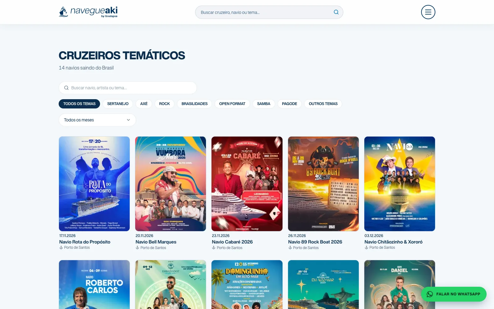 Lista de cruzeiros temáticos do Navegue Aki com filtros por estilo musical e por mês