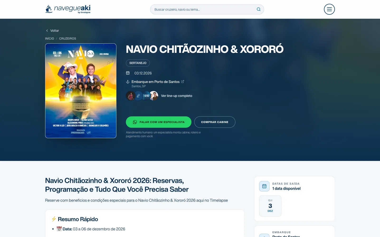Página do Navio Chitãozinho & Xororó no Navegue Aki com o botão Falar com um especialista
