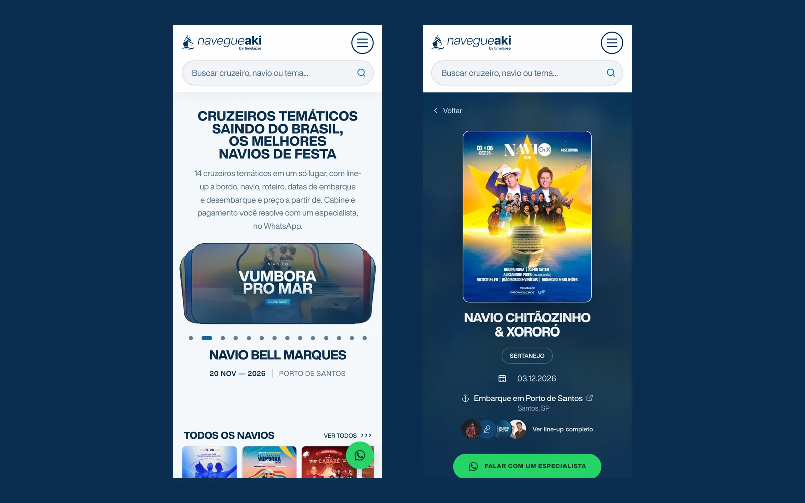 Home e página de cruzeiro do Navegue Aki na tela do celular