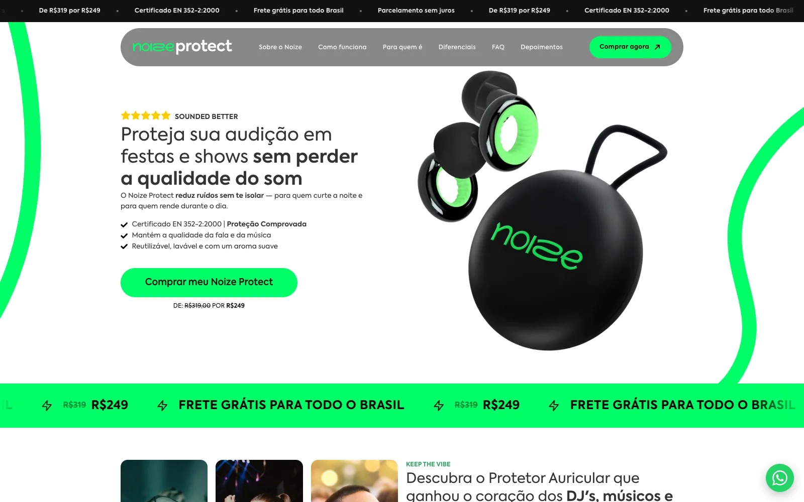 Topo da landing page da Noize Protect com a frase Proteja sua audição em festas e shows sem perder a qualidade do som e o produto em destaque