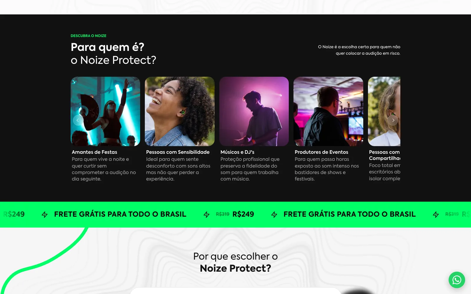 Seção Para quem é o Noize Protect com cartões de amantes de festas, pessoas com sensibilidade, músicos e DJs e produtores de eventos