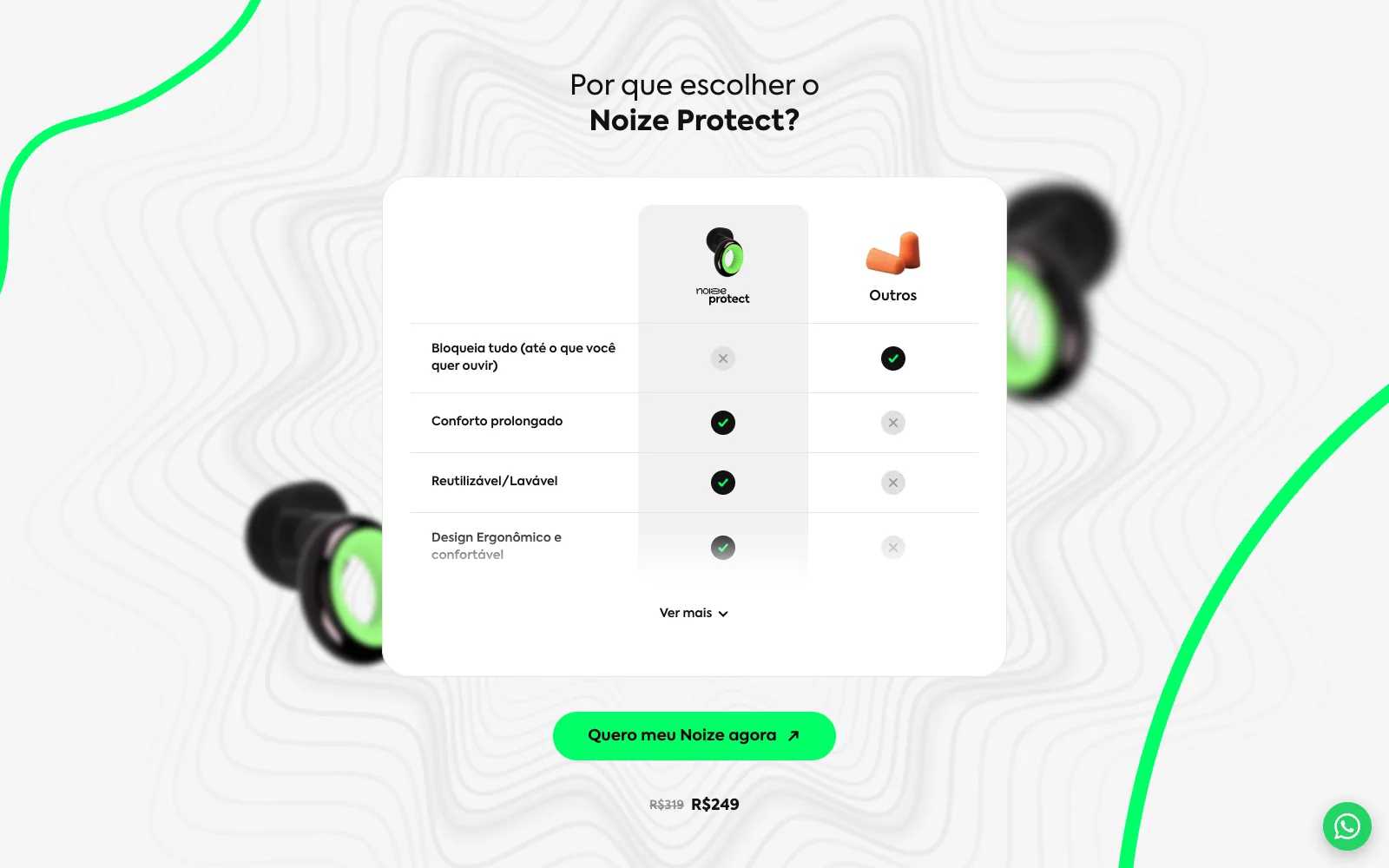 Tabela comparativa Por que escolher o Noize Protect, comparando o Noize com outros protetores auriculares
