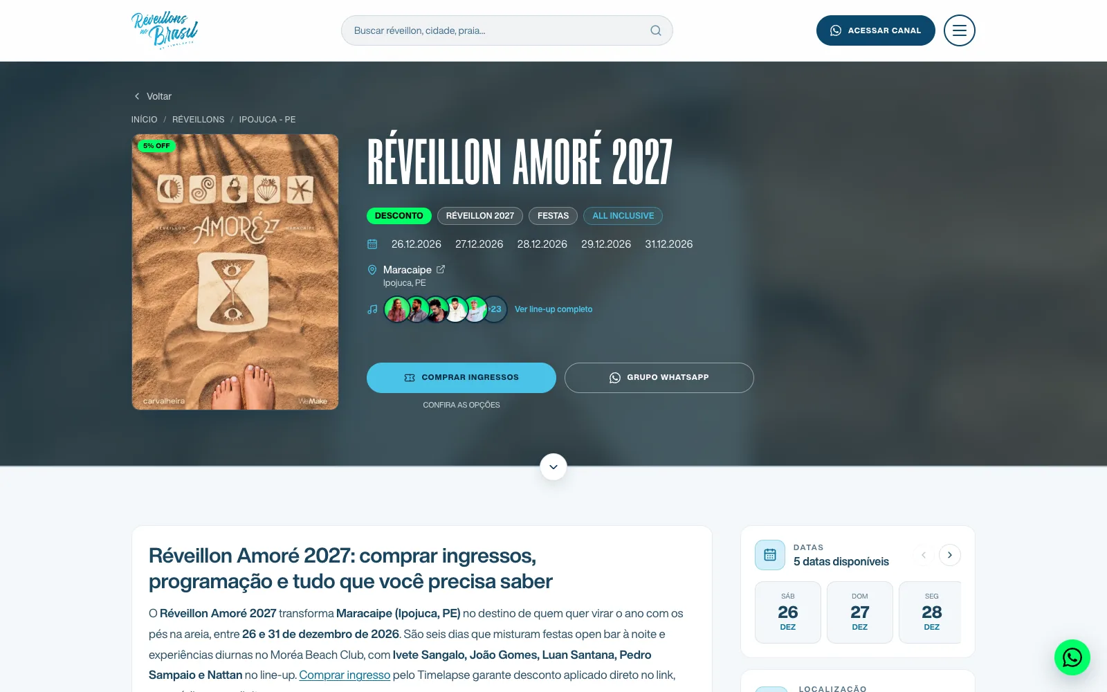 Página do Réveillon Amoré 2027 com datas, local, atrações e botões de compra e grupo de WhatsApp