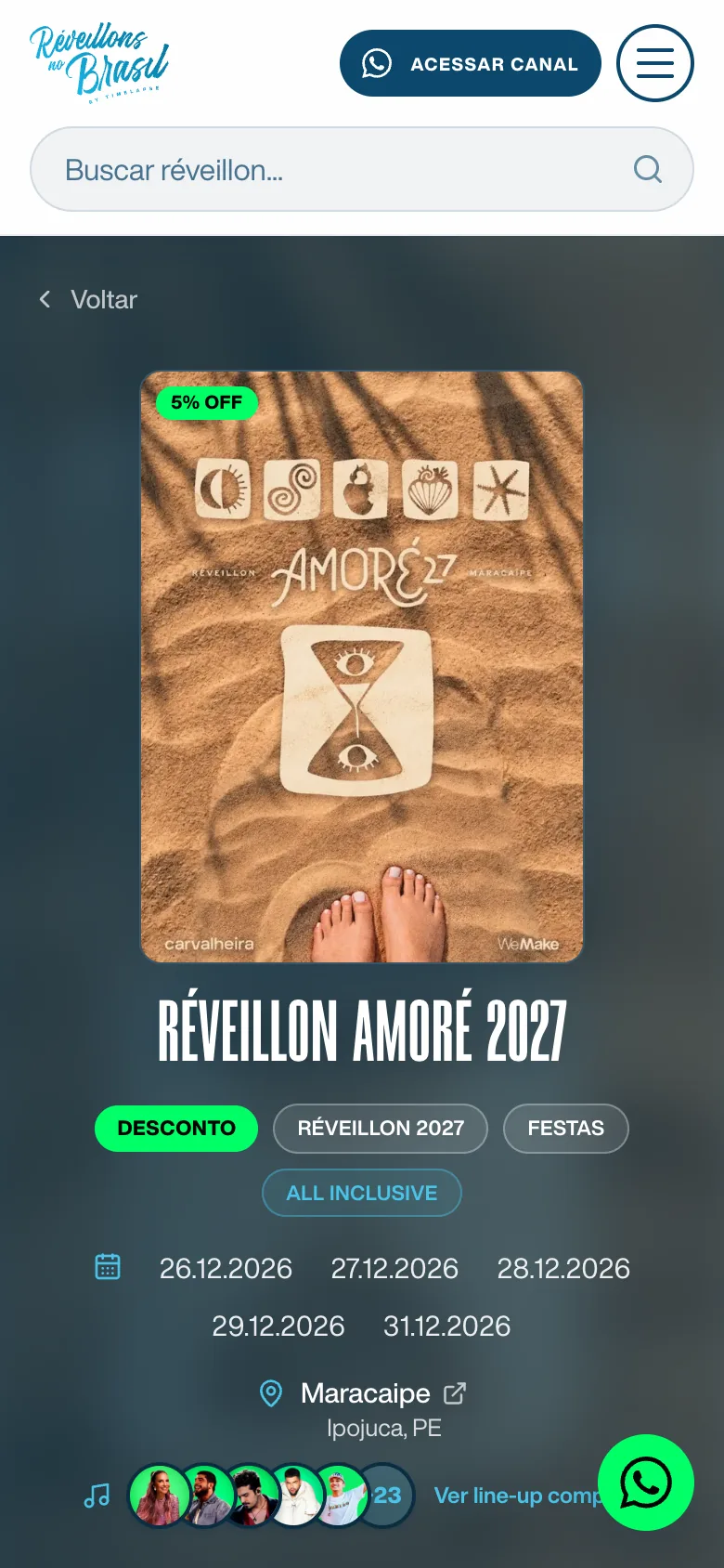 Página do Réveillon Amoré 2027 aberta no celular