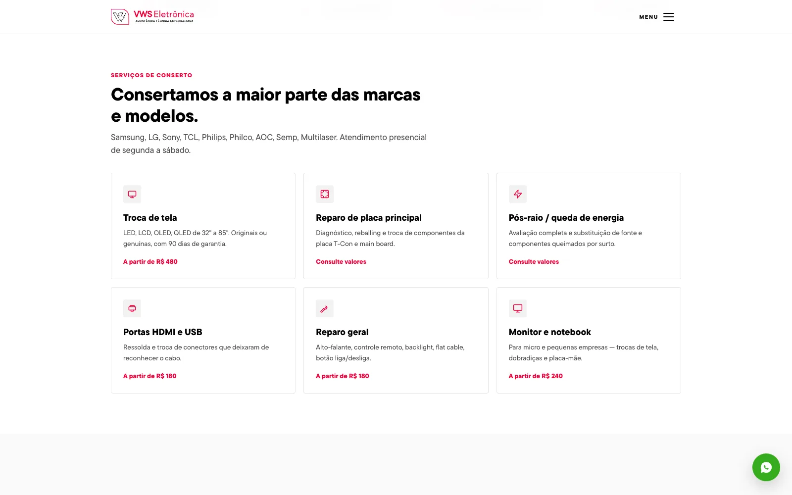Lista de serviços de conserto de TV da VWS Eletrônica com troca de tela, reparo de placa, pós-raio, portas HDMI, reparo geral e monitor e notebook, com preços a partir de
