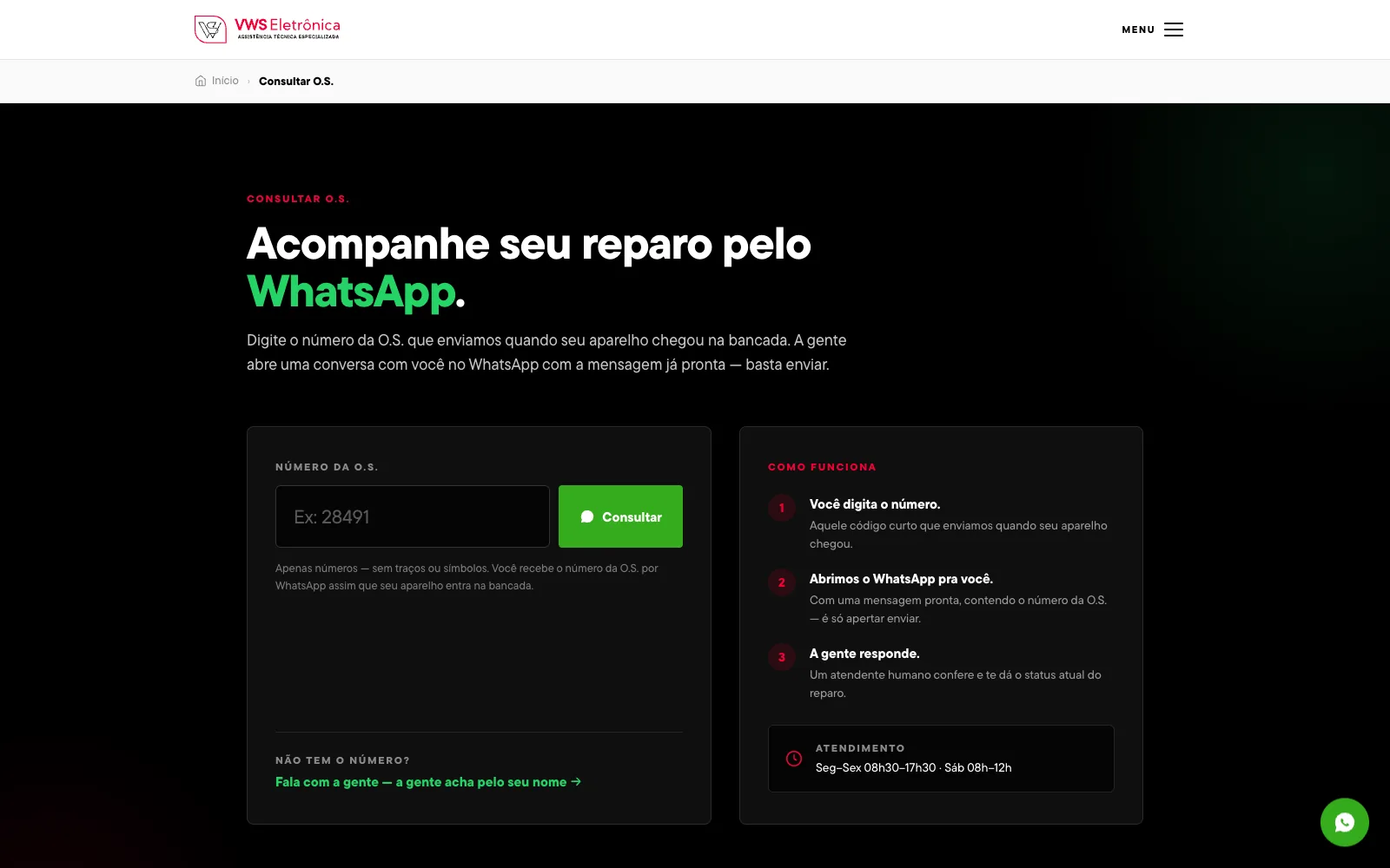 Página Consultar O.S. da VWS Eletrônica com campo para o número da ordem de serviço e explicação em 3 passos