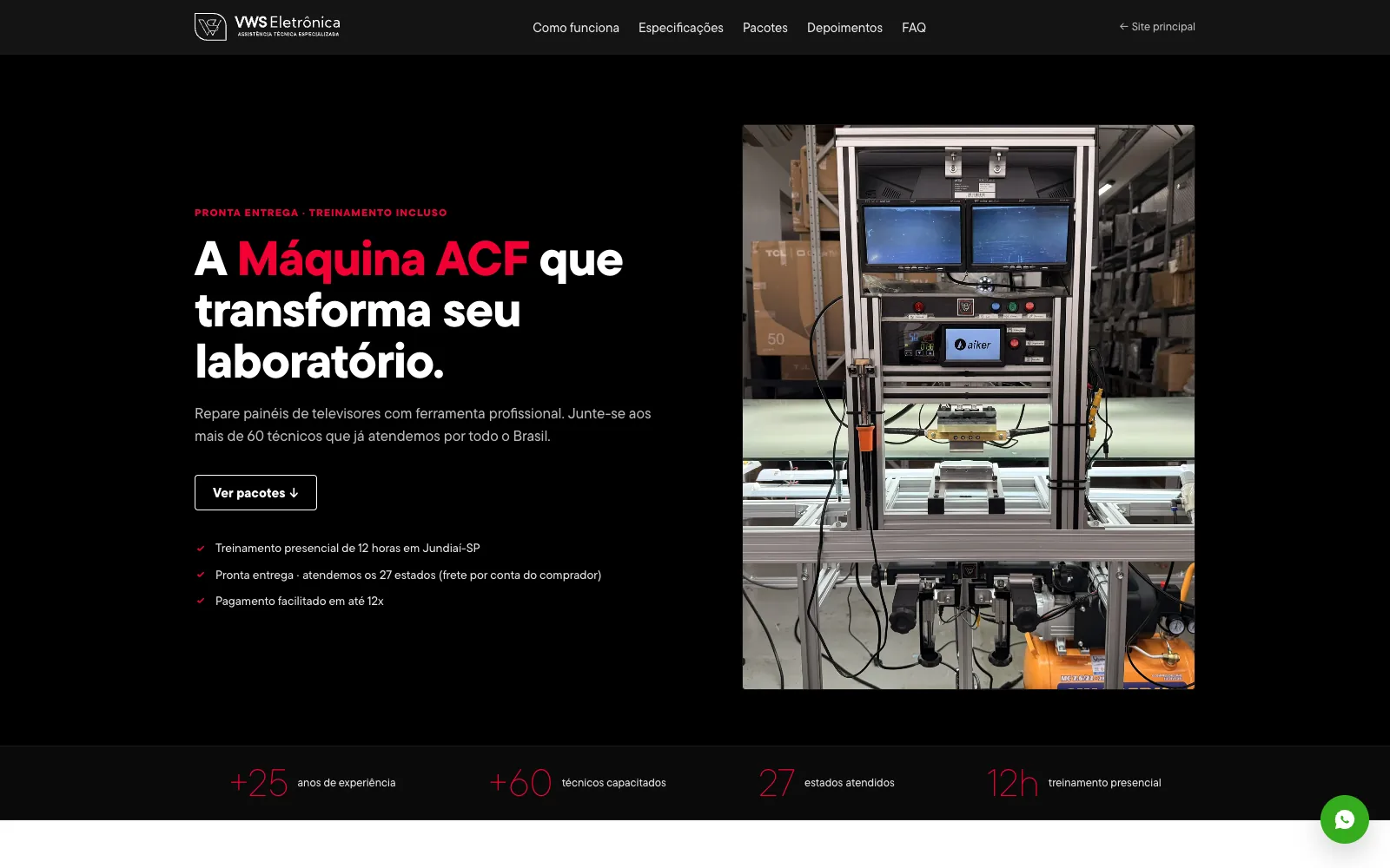 Página de venda da Máquina ACF da VWS Eletrônica com foto real do equipamento