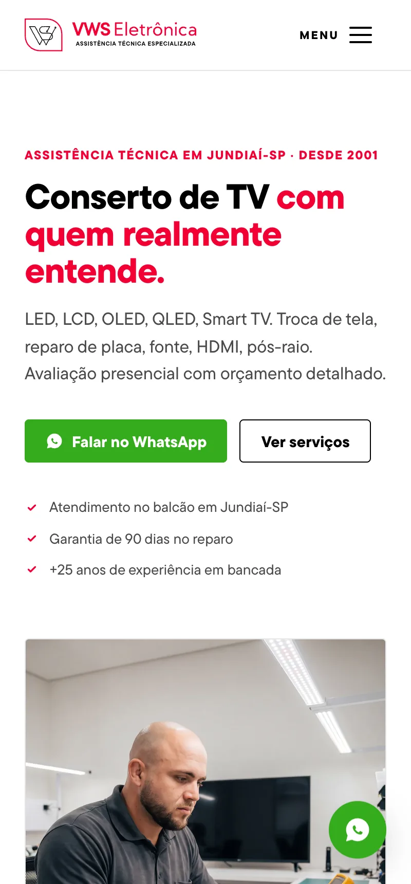 Site da VWS Eletrônica aberto no celular com o título Conserto de TV com quem realmente entende e botão Falar no WhatsApp