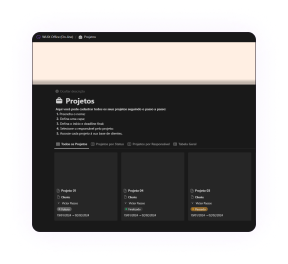 Tela do Template WUIX Office Notion Projetos