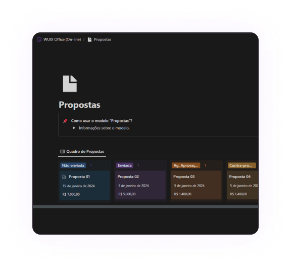 Tela do Template WUIX Office Notion Propostas